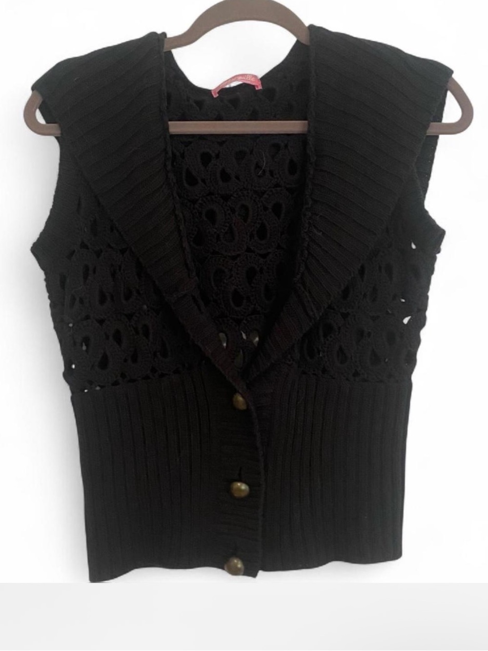 Y2K BETSEYVILLE BETSEY BLACK CROCHET KNIT VEST CARDIGAN WITH HOODIE SMALL MEDIUM